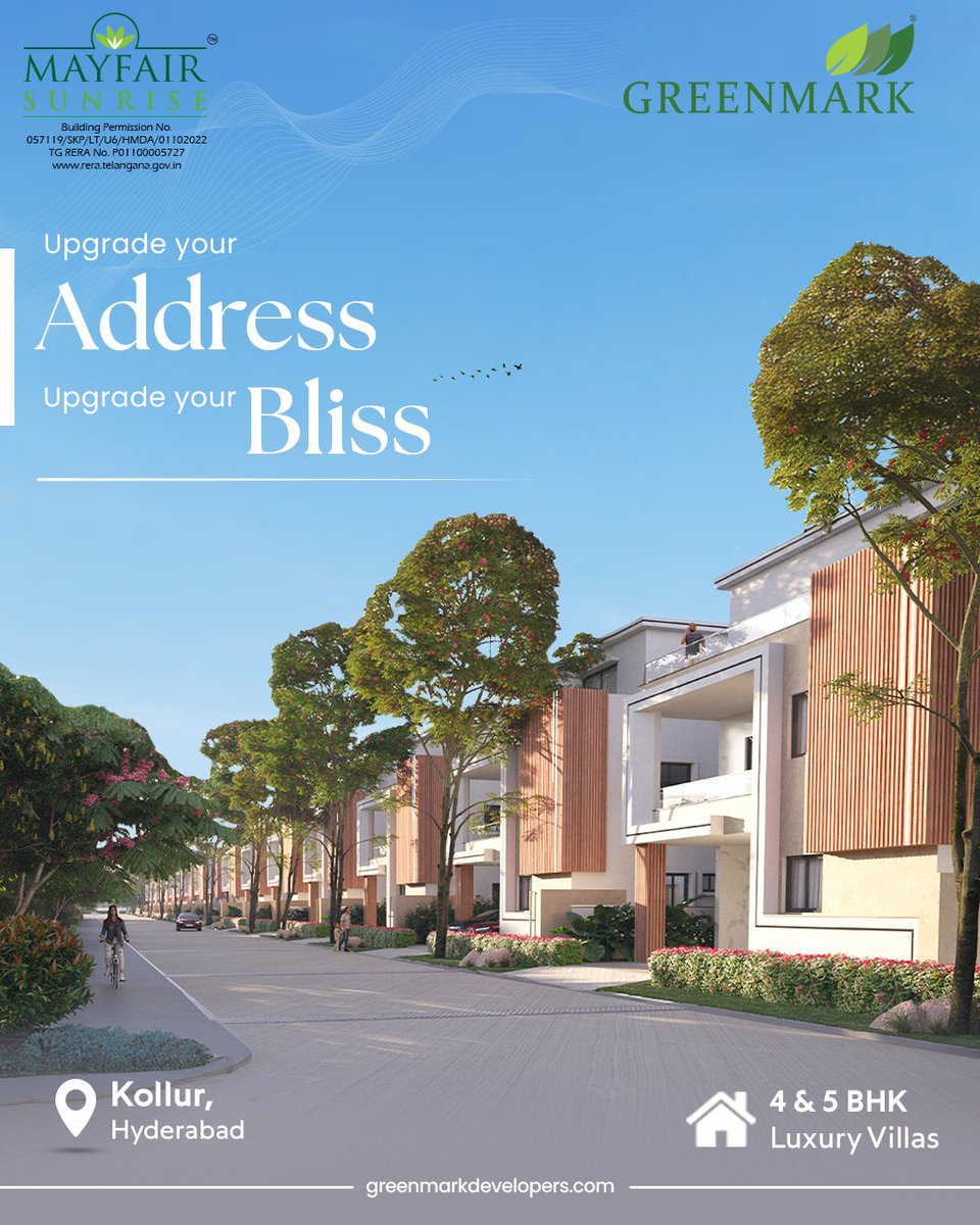 greenmarkhyd's tweet photo. Upgrade your address to the epitome of sophistication!
Perfectly nestled in the heart of the city, experience luxury living at its finest at Greenmark.
Visit https://t.co/IHe8mD92gn
for more!
#GreenmarkDevelopers #mayfairsunrise #villas #kollur #hyderabad https://t.co/qe9CpT270X
