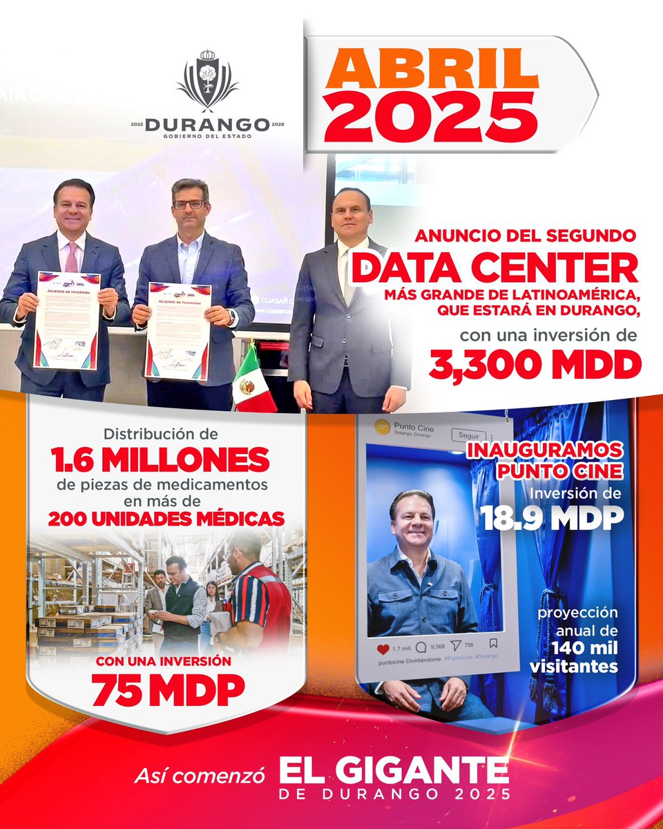 En abril avanzamos con hechos 💪
Distribuimos medicamentos para llegar a 200 unidades médicas, inauguramos Punto Cine 🎬 y firmamos un convenio para traer a Durango el segundo data center más grande de Latinoamérica 🚀💻.
La salud y el desarrollo de las y los duranguenses son