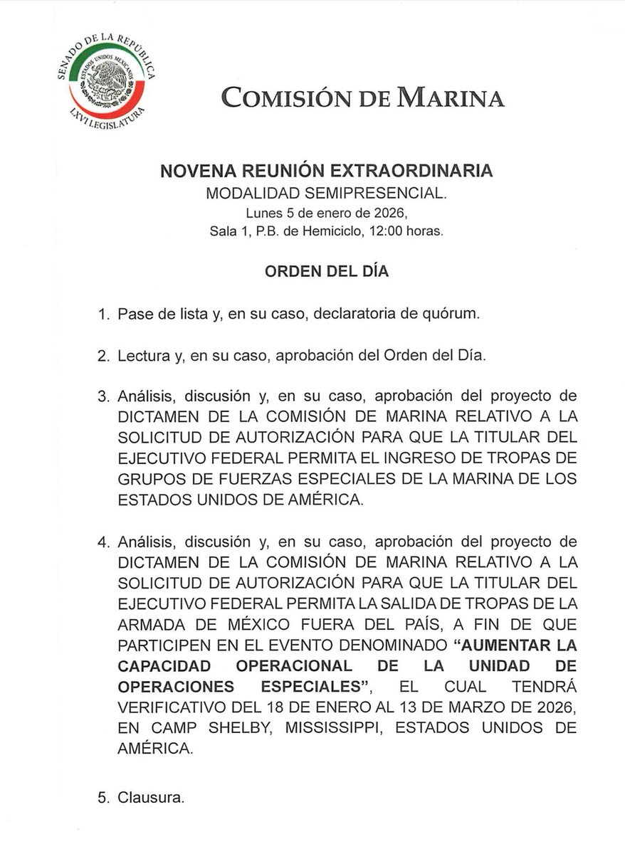 Habra periodo extraordinario en enero para autorizar ingreso de tropas de Estados Unidos para adiestramiento y salida de otras.
