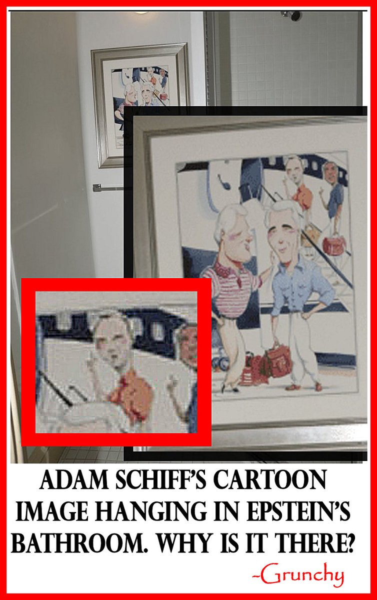 SimonGrunchy's tweet image. Yep I agree. Why is Bill and Adam's cartoon hanging in Epstein's bathroom?