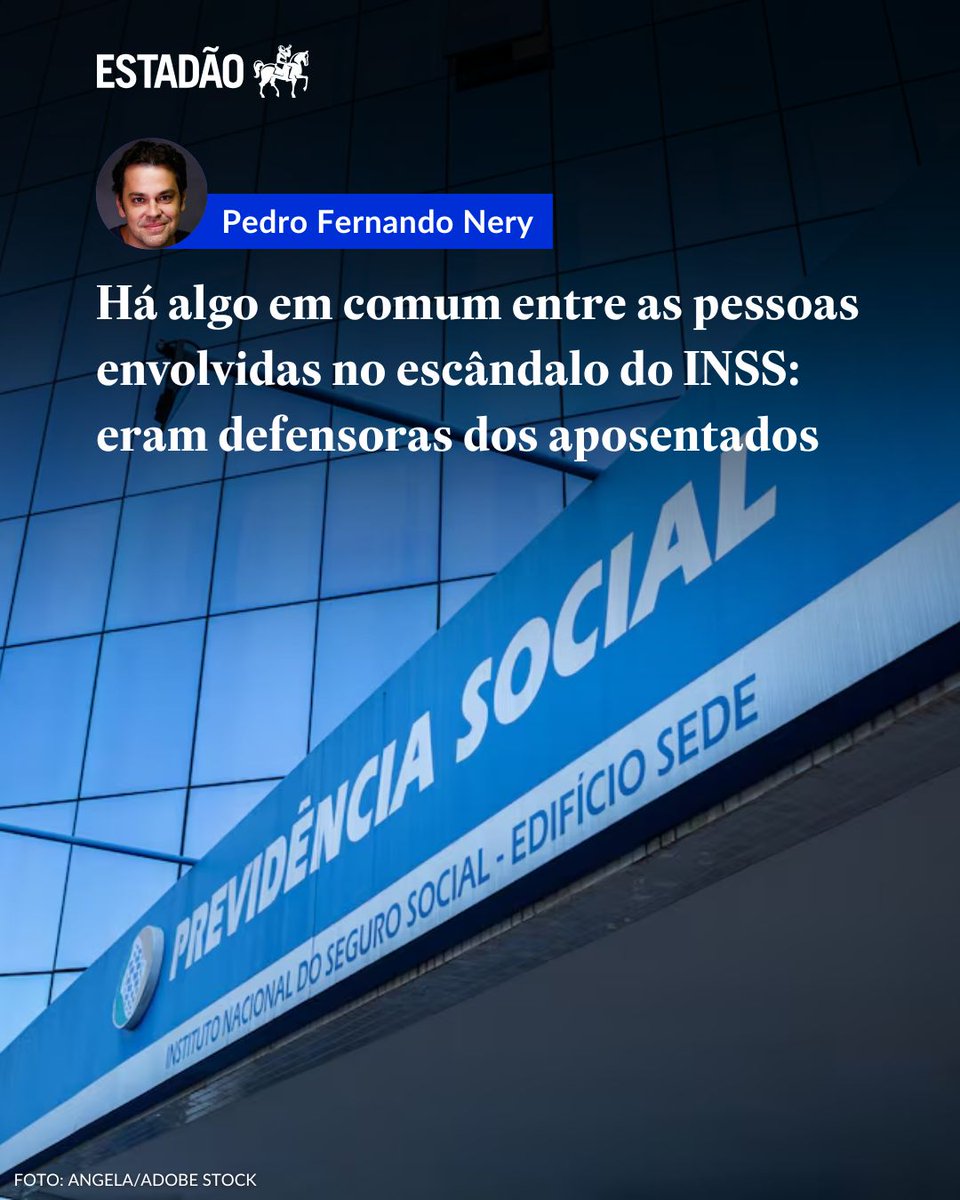 Estadao's tweet image. OPINIÃO | Pedro Fernando Nery: "Há algo em comum entre as pessoas envolvidas no escândalo do INSS: eram defensoras dos aposentados" 

✍️ Leia a coluna completa de @pfnery &amp;gt; bit.ly/49bM26N 
🔗 Assine o Estadão em ofertas.estadao.com.br