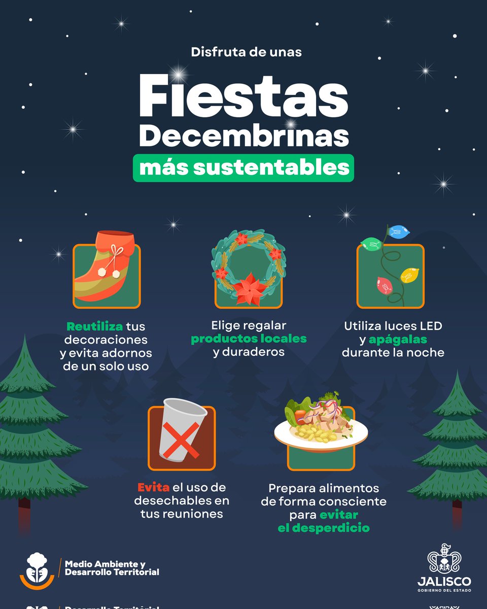 SemadetJal's tweet photo. Celebra, comparte y cuida el ambiente 🌱
Estas fiestas decembrinas, elige hábitos más sustentables y reduce tu impacto ambiental. https://t.co/cmnGflSv6W