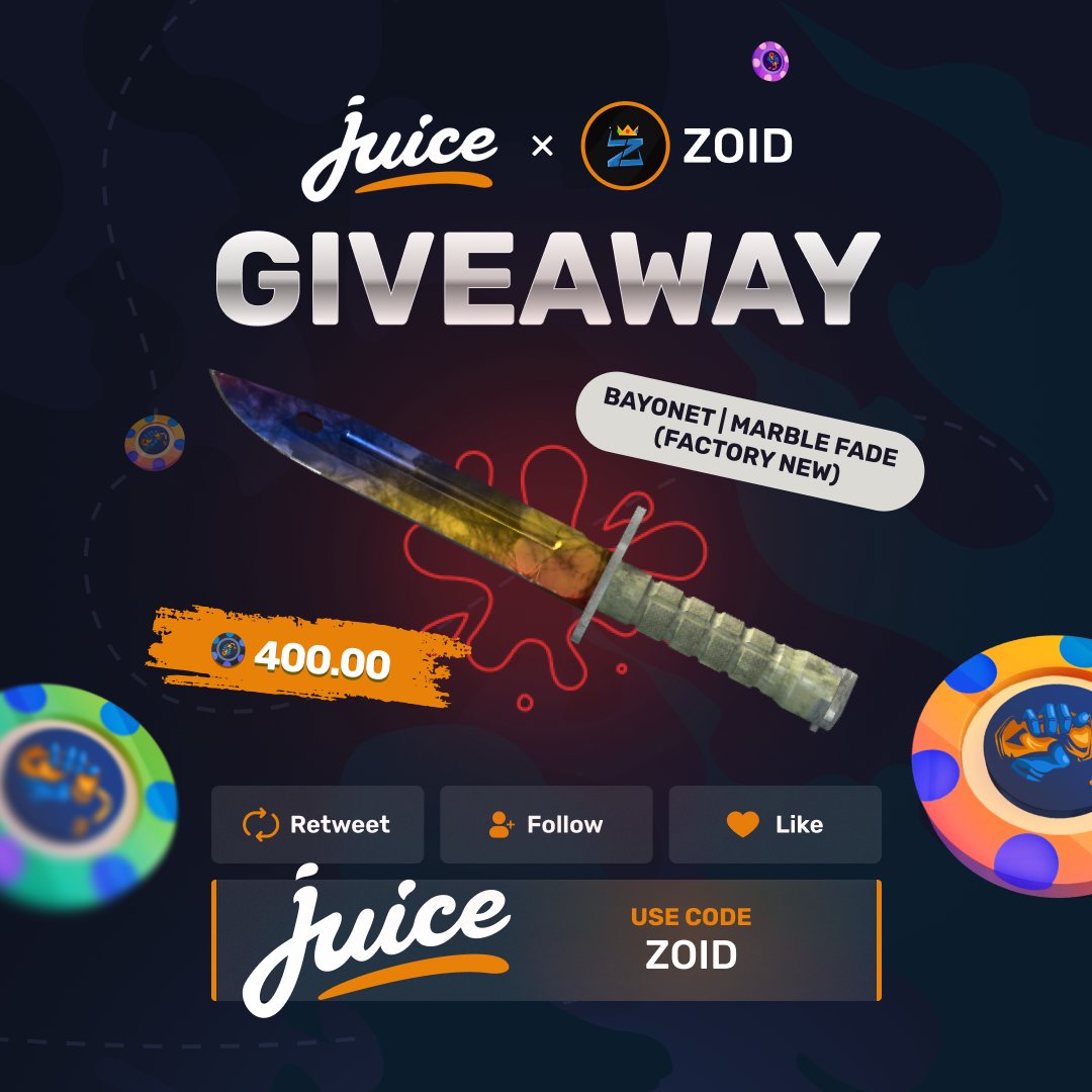 ZoidGambles's tweet image. Bayonet | Marble Fade (400 Chips) GIVEAWAY on @juicedotgg 💦

🎁 Follow @juicedotgg &amp;amp; @ZoidGambles
🎁 Like, RT, and Tag a friend.
🎁 Use code "ZOID" on Juice (optional).

🏆10K LB under code "ZOID" ends in a week. Picking winner on Jan 1st!