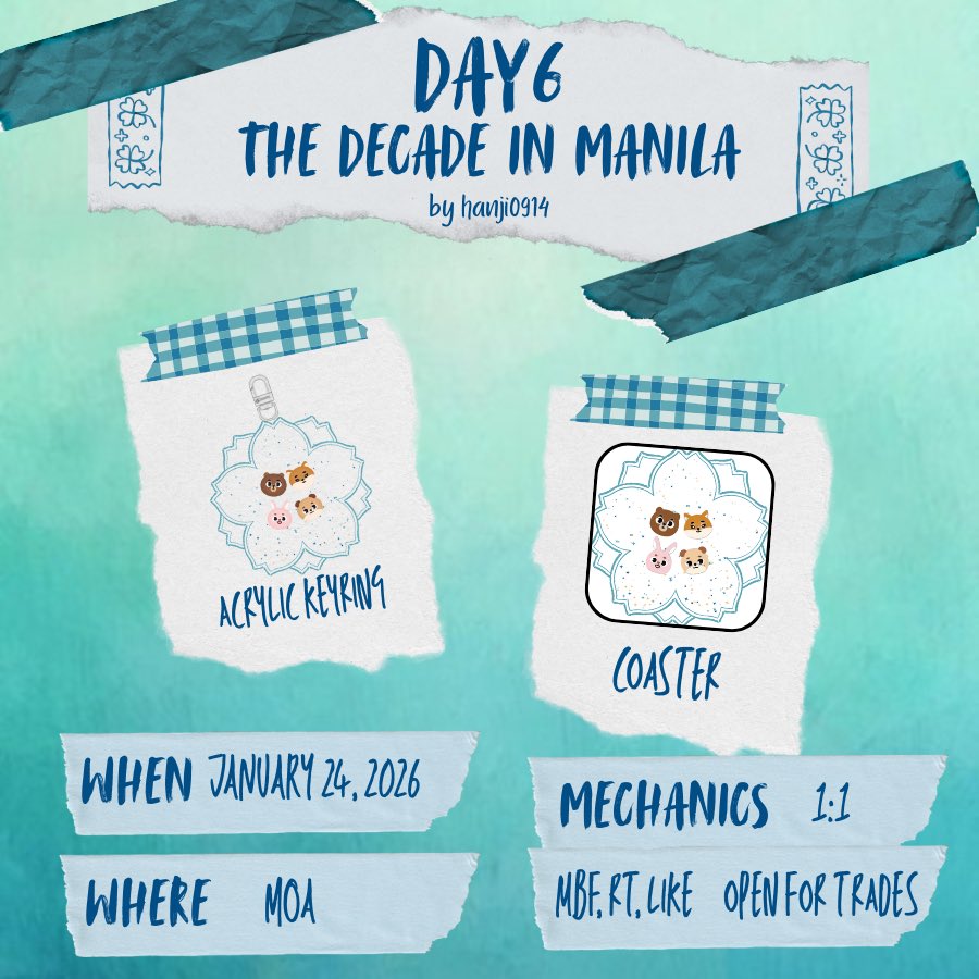 hanji0914's tweet image. ᴅᴀʏ6 ᴛʜᴇ ᴅᴇᴄᴀᴅᴇ ɪɴ ᴍᴀɴɪʟᴀ
fansupport by @hanji0914 

.❀ ݁ ˖𓂃.ꕥ ݁˖ acrylic keyring and coaster

❀ like, rt, follow
❀ strictly 1:1
❀ open for trades
❀ limited qty

#The_DECADE_MANILA #DAY6_10th_Anniversary_Tour #DAY6inManila