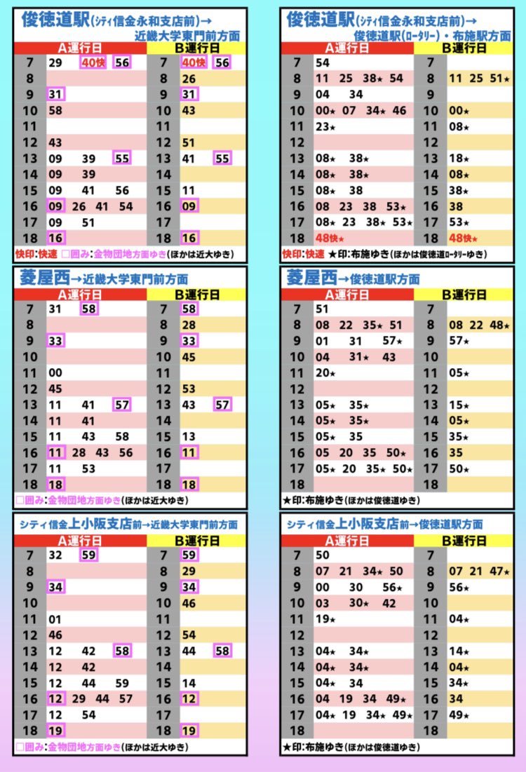 osakabus's tweet photo. 【お知らせ】

2026年1月8日、

近畿大学線

においてダイヤ改正を行います。

★大幅に増便し、金物団地線とあわせて午後の近畿大学東門前発の時刻をわかりやすくします。

★金物団地線とあわせて13往復を布施駅南口へ延伸します。 https://t.co/ucDbN46Hsa