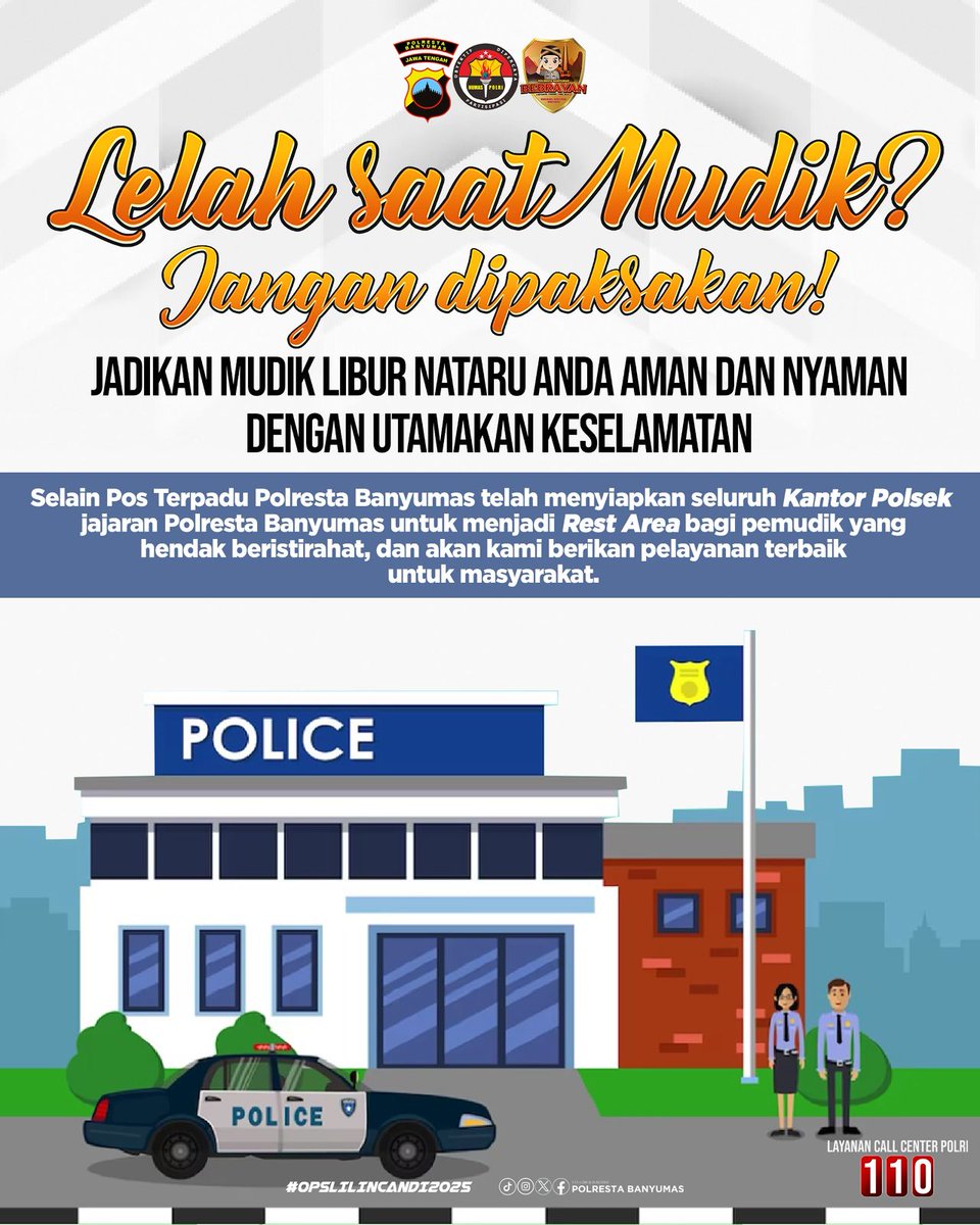 Lelah saat mudik ? Jangan dipaksanakan ya gaess , ada Pos Terpadu Polresta Banyumas yang telah menyiapkan Rest Area bagi pemudik yang hendak beristirahat. 

🇮🇩Kerja Ikhlas
🇮🇩Kerja Cerdas
🇮🇩Kerja Tuntas

#polripresisi #PolrestaBanyumas #polriuntukmasyarakat #opslilincandi2025