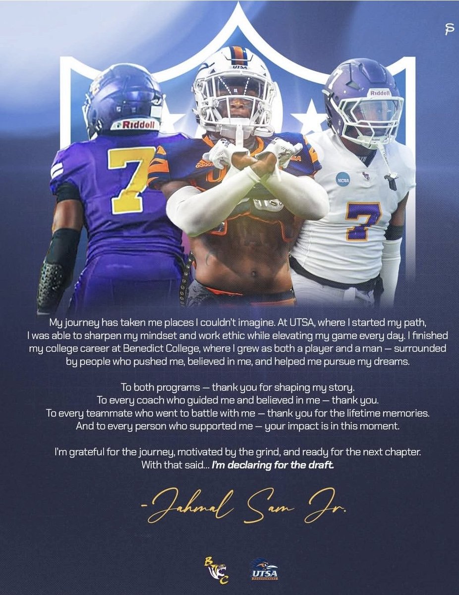 Jahmal Sam (DB) from Benedict College will be entering the 2026 NFL Draft