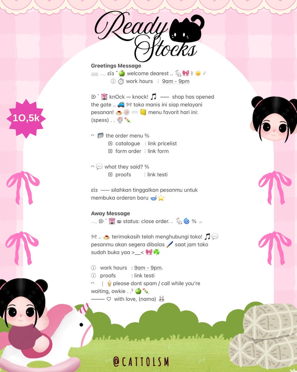 CATTOlSM's tweet image. ⣠ ︵  ♥︎  help repost?  tysm &amp;lt;3 ⭐️🎀  𓂅

◠  ⢸⠀ ada 3 bundle  wording  greetings  &amp;amp;  away  rs. . 🎶🍏  𓂃 . εїз   hanya  1O.5K saja .ᐟ.ᐟ  &amp;gt;___%   💬👧🏻   ▷  mari  ketuk  DM  sekarang yaa. . ✋🏻 ₊˚𓂂

☆ —— alt for details! . . 🐈💧
# zonauang  %  # zonajajan  %  # zonaba