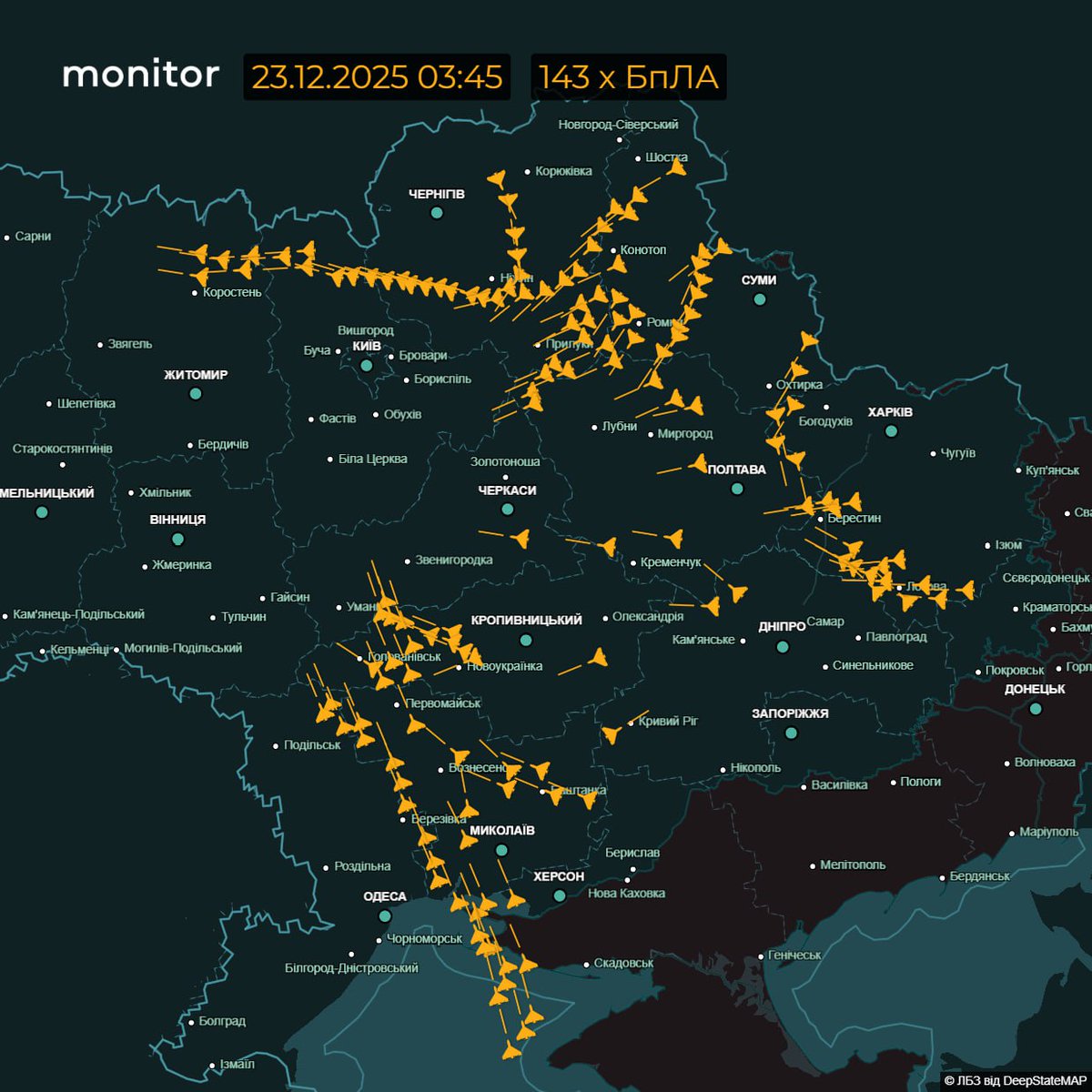 NAFOvoyager's tweet image. Ukraine is under a massive russian attack.

Nearly 150 Shahed drones are already over Ukrainian airspace.
13 strategic aircraft are airborne, heading to launch positions.
In the Black Sea: two missile carriers, up to 16 Kalibr missiles.