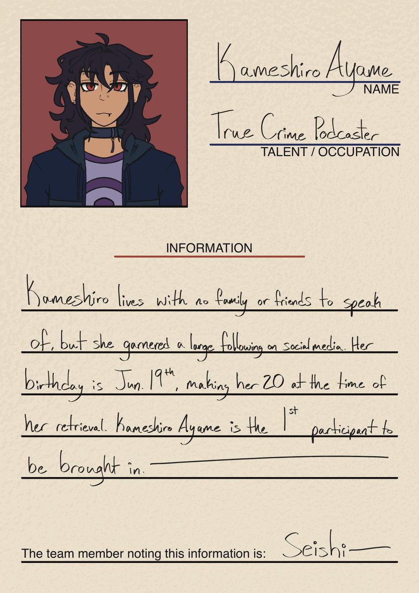ProjectLWave's tweet photo. [Staff Code: 000001116]: Participant #1, Kameshiro Ayame, Ultimate True Crime Podcaster!! Quite an interesting first pick if I say so myself~!! https://t.co/y0zng2qxqO