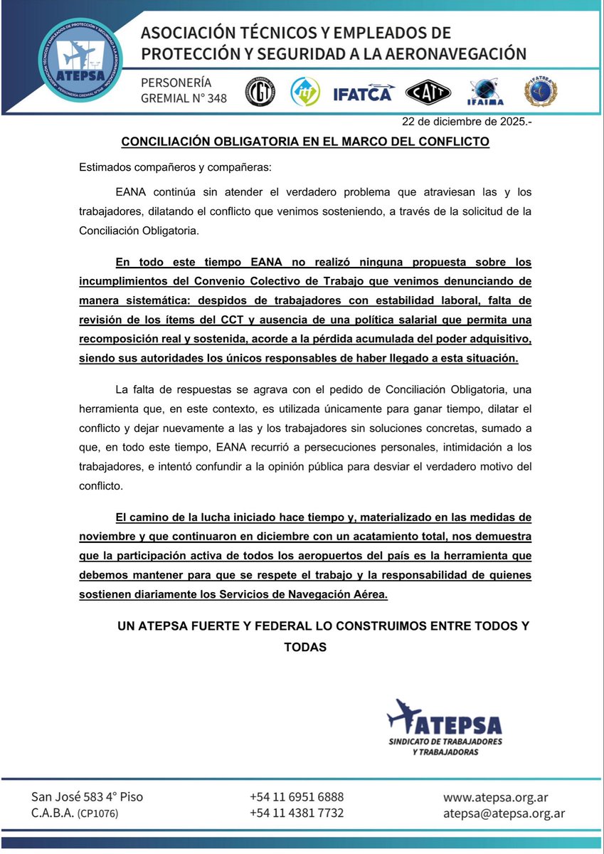 Comunicado Oficial 📢

EANA vuelve a dilatar el conflicto sin dar respuestas a los reclamos de fondo: incumplimientos del CCT, despidos y falta de una recomposición salarial real. La Conciliación Obligatoria solo busca ganar tiempo y frenar la lucha.

La unidad y el acatamiento