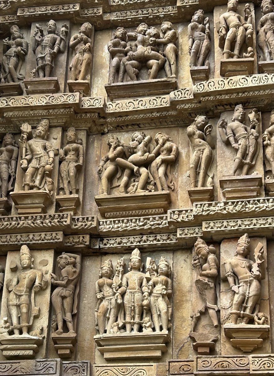 Erotic sculptures from the outer walls of Lakshmana Temple + at Khajuraho (~10th CE). My pics during 2025;
Erotic sculptures form about 5% of all the art engraved at Khajuraho but are notoriously famous for this in certain quarters. This is due to the non understanding of the