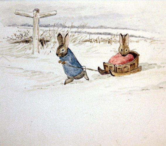 womensart1's tweet image. "Two Rabbits with a Sled' (1894) illustration by celebrated English author Beatrix Potter  
#Womensart ❄️
