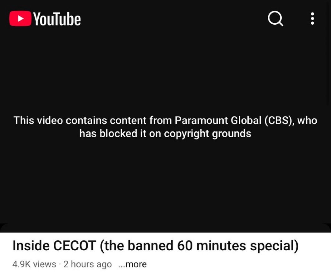 BREAKING: CBS is now filing copyright takedowns to scrub copies of the banned 60 Minutes CECOT se...