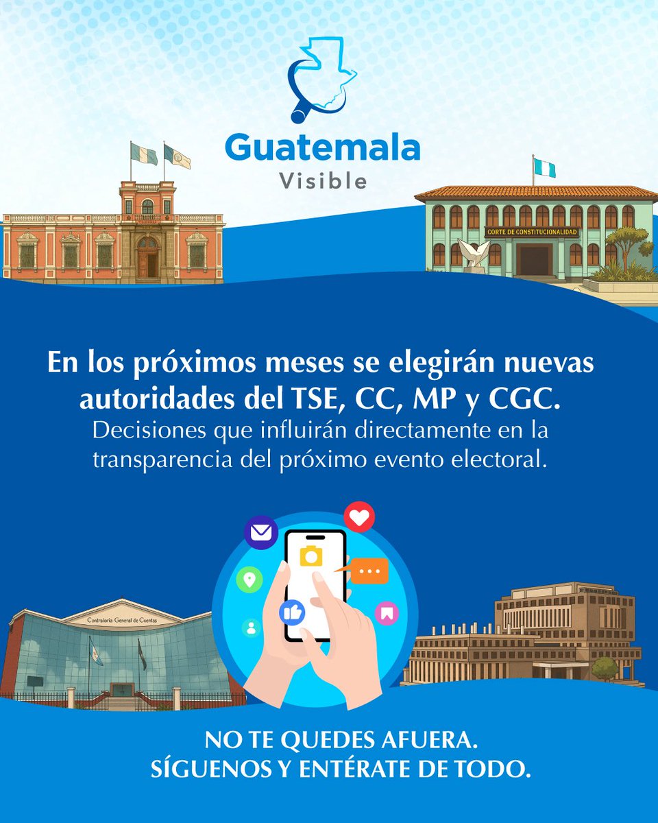guatevisible's tweet photo. 🗳️ 𝗦𝗲 𝘃𝗶𝗲𝗻𝗲𝗻 𝗱𝗲𝗰𝗶𝘀𝗶𝗼𝗻𝗲𝘀 𝗰𝗹𝗮𝘃𝗲

En los próximos meses se elegirán nuevas autoridades del TSE, CC, MP y CGC.
Estas decisiones influirán directamente en la transparencia del próximo proceso electoral.

📲 Mantente informado sobre el desarrollo de estos procesos.

#ElecciónTSE2026
#ElecciónMP2026
#ElecciónCGC2026
#ElecciónCC2026