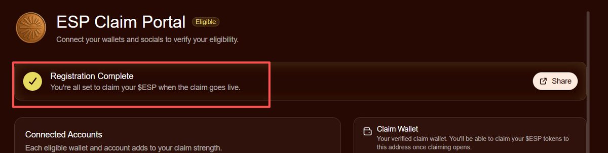 ✅咖啡 <a href="/EspressoSys/">Espresso ☕️</a> 空投注册，检查是否有资格并注册，图4那样显示就注册完成了：

🔗claim.espresso.foundation/registration

注意：您需要透过 Authena 进行 KYC 验证。但您无需铸造价值 3 美元的 NFT。只需在 Authena 上赚取至少 30 个 Humanity Points，并在 Espresso 注册页面完成验证。