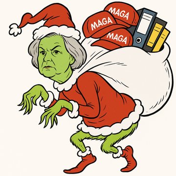 shylockh's tweet photo. How the Susie Stole MAGAmas

Every CHUD Down in MAGAville Liked WINNING a lot...

But the Susie, Who lived at the White House Did NOT!

Swampy Sue hated low prices. She hated high wages
She hated bright smiling working class faces.
She hated young men who didn't know what their place is
She hated the core MAGA folks of all races

Now, please don't ask why. No one quite knows the reason.

It could be her longhouse hair scrunched her head down too tight
It could be too many lobbyist checks passed in the night.
But I think that the most likely reason by far
was her being a pure swamp critter Boomer--with the hardest of Rs!

Whatever the reason, old age or pure spite
She stood there on MAGAmas Eve, hating the Chuds
Staring down from her office with a sour, Grinchy frown,
At a nation trying to be freed from Washington town.

For she knew all the chuds in the breadth of the land
were full of grit, and moxie, and what old-timers called sand.

"They'll start their own businesses," she said, "those fools!"
"They'll marry! Own homes! Quit government schools!"

"They'll join ICE! They will chimp! They'll expect actual results!"
"They'll throw out the lobbyists and campaign consults!"

Then she hissed, with her Grinch fingers nervously drumming,
"I MUST find some way to stop MAGA from happening!"

She didn't mind their votes, or campaign contributions
or their cheering at rallies for boasted solutions

That she could allow--if she must she could stomach
whipping them up every four years into a panic.

But she drew the line there--past that point they should let
the experts get back to getting their beaks wet

Don't get us wrong, she liked being back in swamp town

But the voters who got her there should shut up and sit down!

But instead those chuds kept on chimping. They crimped
her best laid plans for the Repubs to go limp.
Those chuds chimped!
How they chimped, chimped, chimped!

And worst of all, the President, ol' Donald Trump
kinda planned to do what those chuds wanted.
Yes! If he had his way, the halls of power would be haunted
by the will of the people! And the national good!

He might go after the rice bowls! He might kick out the hacks!
He could even send the illegals all the way back!
Then what of the pool-boys and lawnboys and cheap IT workers?
What of the USAID sinecures for well-connected shirkers?

"Why, for almost a month I've put up with it now!"
"I MUST stop the revolution from coming! But HOW?"

Then she got an idea! An awful idea!
SUSIE SWAMP GOT A WONDERFUL, AWFUL IDEA!
"I know just what to do!" She laughed, the old bat.
And she crammed on her head a red MAGA hat.
And she chuckled, and clucked, "What a great Swampy trick!"
"With this flag pin and hat, I look just like I fit!"

She hitched on to Trump, she told him she'd help him
she'd run his staff and appointments, and, welp, hmm
anything he needed, she'd you'd best believe do!
Because she was the loyalest, bestest, and true!