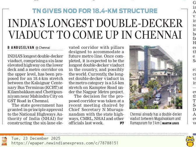 anbu_madras's tweet image. India’s longest double-decker viaduct, comprising a six-lane elevated highway on the lower deck &amp;amp; a metro corridor on the upper level, has been proposed for an 18.4-km stretch between the KCBT at Kilambakkam and Chettipunniyam near Mahindra City on GST Road in Chennai.

The state