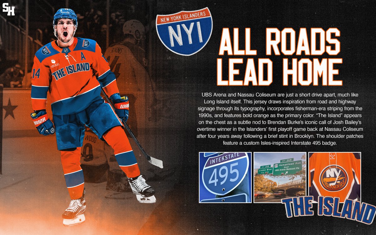 New York Islanders jersey concept: "All Roads Lead Home" inspired by highway signage and its unique typography and motifs + an infamous <a href="/brendanmburke/">Brendan Burke</a> goal call