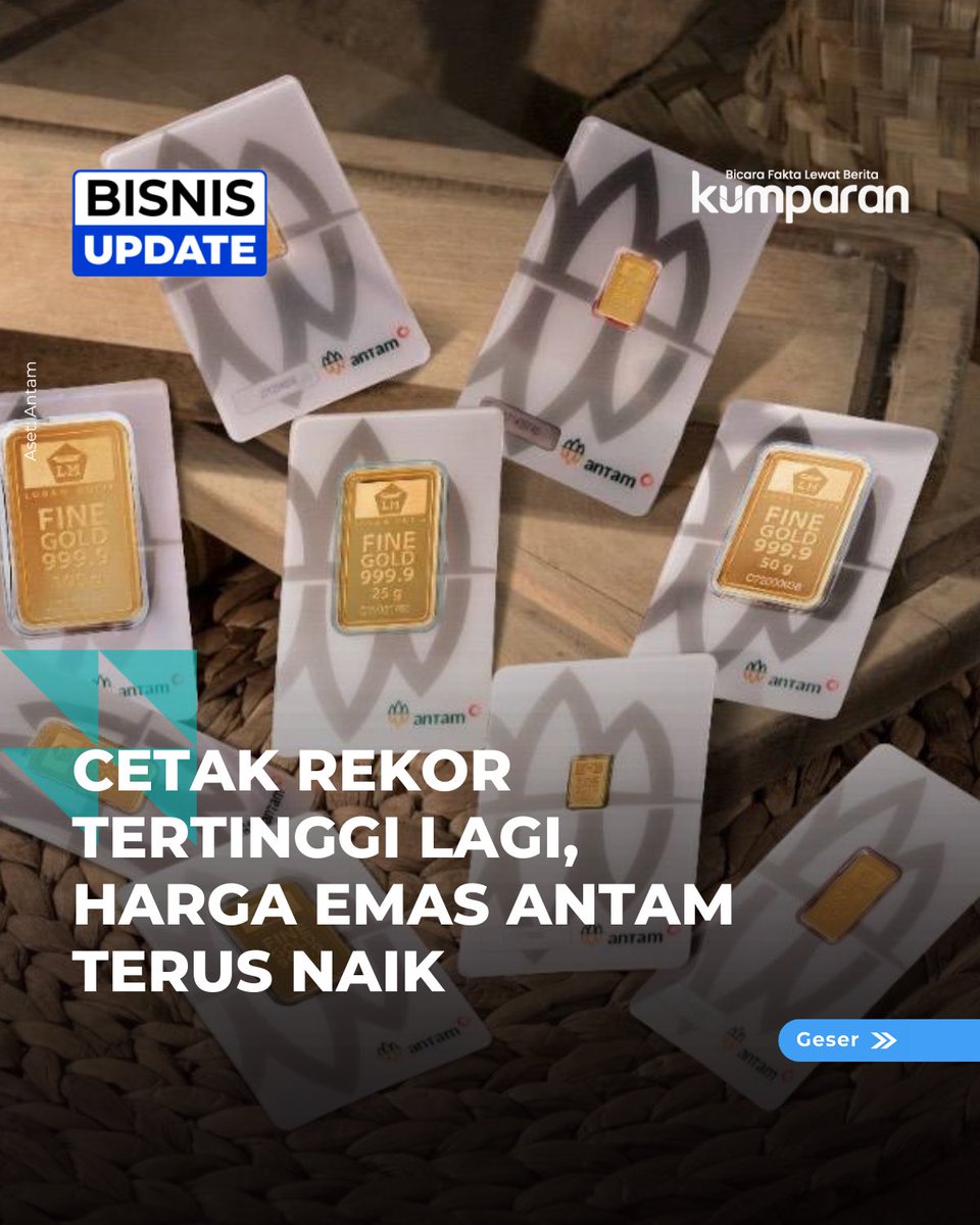 kumparan's tweet image. Harga emas PT Aneka Tambang Tbk (ANTM) atau Antam terpantau naik pada perdagangan Selasa (23/12). Berdasarkan situs Logam Mulia, harga emas hari ini naik Rp 59.000 menjadi Rp 2.561.000 per gram.

Sementara itu, harga jual kembali (buyback) emas Antam hari ini juga tercatat naik…