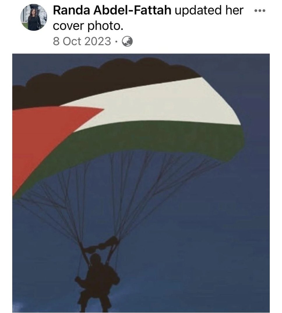 SenSHenderson's tweet photo. As I uncovered last year, this is what academic Randa Abdel-Fattah posted on 8 October 2023 immediately following the Hamas terrorist attack in Israel which involved the use of motorised paragliders.

I say to Jason Clare, the Prime Minister, Macquarie University and the Australian Research Council, the standard you walk by is the standard you set. 

Australians will not tolerate your complicity in the demonisation of Jewish Australians.