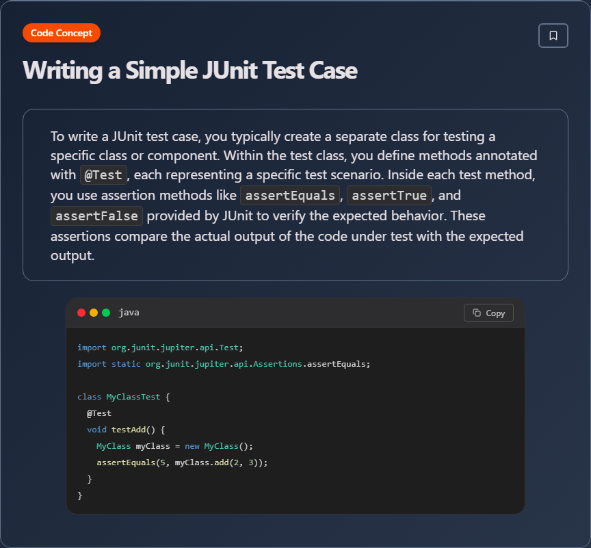 techielearns's tweet image. ✨ Writing a Simple JUnit Test Case (Java)

Learn more on our app: play.google.com/store/apps/det…

#Java #JavaDev #OOP #Backend #100DaysOfCode #DevLife