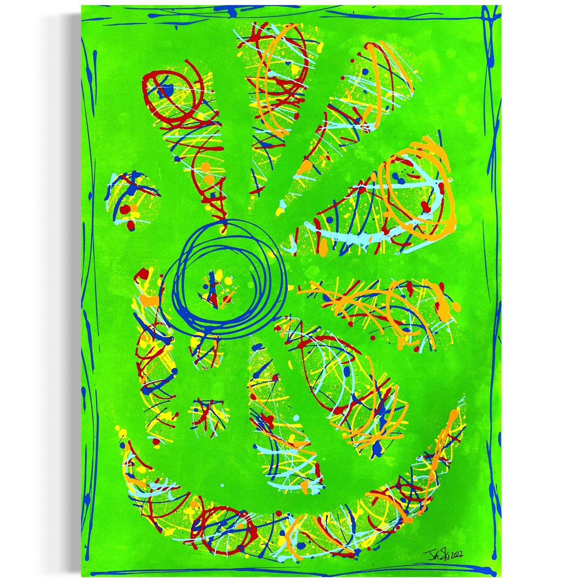 “ Against a luminous lime-green ground that evokes the electric pulse of urban vitality or perhaps the verdant underglow of a microscopic world, a central orb commands the composition—a stark blue circle pierced by a vibrant yellow nucleus, ringed in delicate white accents that