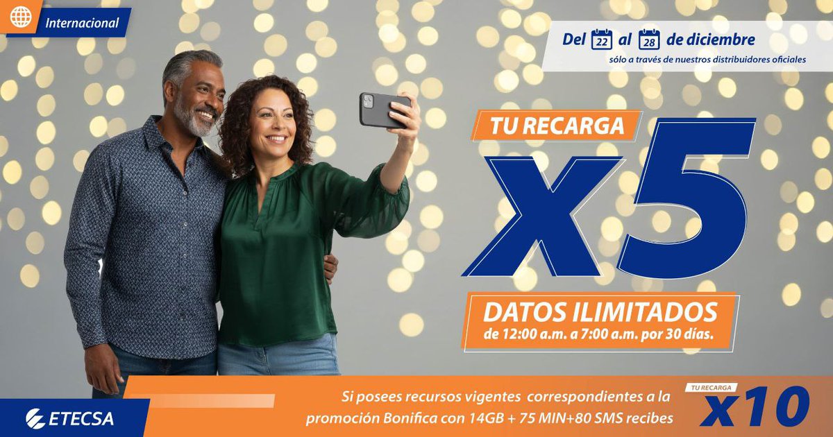 Si te recargan entre 600 y 1250 CUP desde nuestros distribuidores oficiales quintuplicamos tu saldo principal datos ilimitados todas las noches por 30 días!
Y si recibiste la promo anterior (14GB + 75 MIN+80 SMS), ¡multiplicarás por 10 el monto recargado en su sado