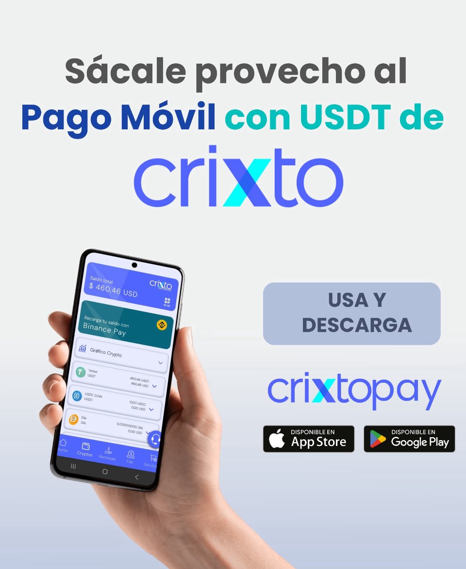 Sácale provecho al Pago Móvil con USDT de CRIXTO.

Descarga la App CrixtoPay y pruébalo tu mismo.