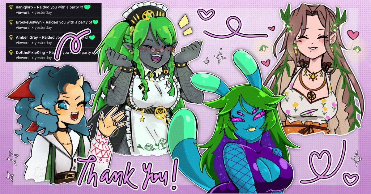 yesterday yall showed me so much love and kindness🥹
I dont even know what I did to deserve it! TY TYY💚

we got raided by all these wonderful streamers:
<a href="/dotthepixieking/">Dot the PixieKing</a> <a href="/Amber__Gray/">Amber Gray ♡ Drow Maid Vtuber & VA</a> <a href="/naniglorp/">Nani Glorp👽🛸</a> <a href="/BrookeSolwyn/">Brooke Solwyn ☀️</a> pls send them love! 

update on my hydrated keyboard: its okay!!