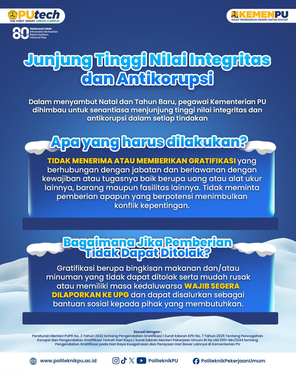 politeknikpu's tweet image. Nataru tiba, integritas tetap prioritas

Di Kementerian Pekerjaan Umum, menolak gratifikasi dan melaporkannya adalah wujud nyata komitmen kita untuk pemerintahan yang bersih dan terpercaya. Ingat, integritas bukan sekadar kata, tapi tanggung jawab kita bersama.

#IntegrityMatters