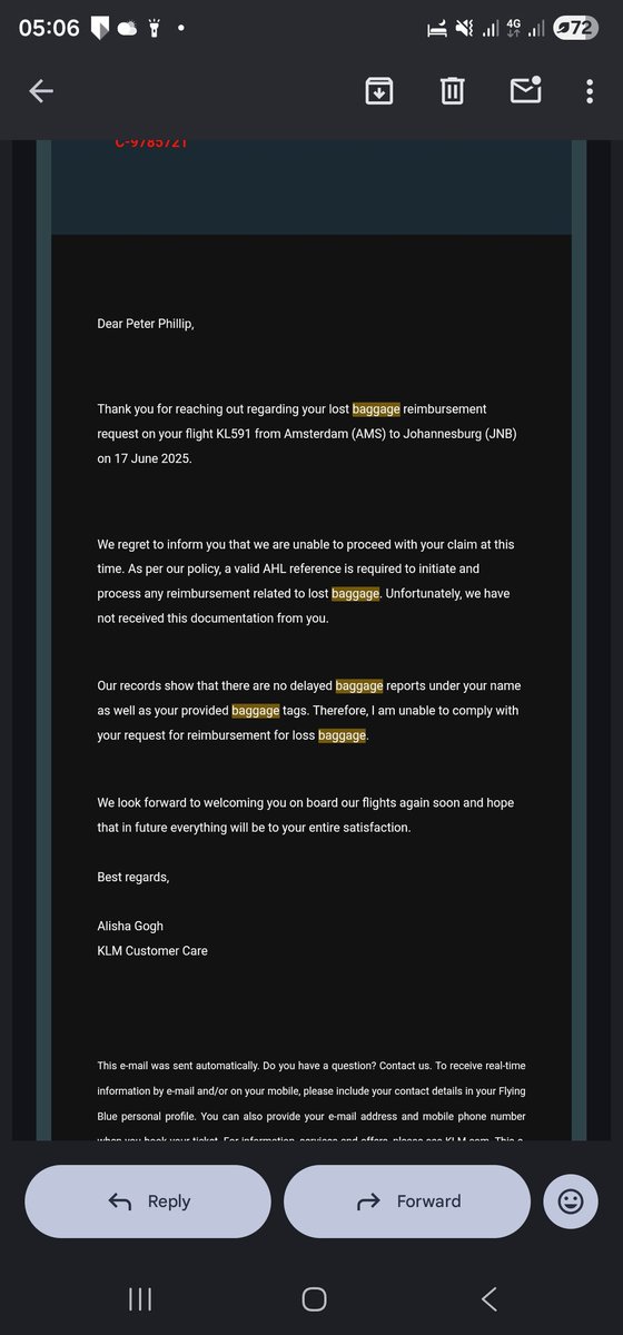 scripta55's tweet photo. @KLM I have been struggling with your claims department thats been trying to avoid paying. 
This is such a weak and lazy irresponsible reply from klm. I have all required info and declaration by klm yet they insist there is no "AHL" https://t.co/ZbRIyhatFy