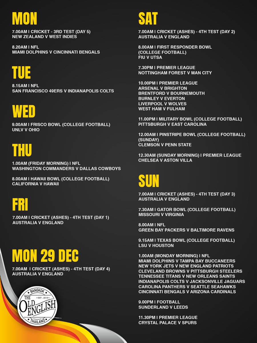 Sport schedule for those of you looking to cheer on your favorite teams while wearing a santa outfit 🎅

See you at the bar 👀🍻
📍 maps.app.goo.gl/nBLwBozdPPBp5J…
🌐 oldenglishpubbangkok.com/sports/

#TheOldEnglishBangkok #Bangkok #Thonglor #LiveSports #TheOldEnglishBangkok