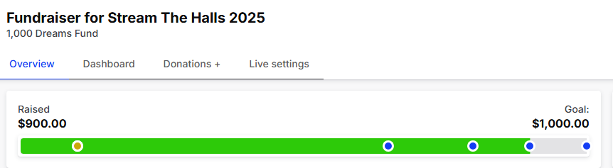 johnny_boombotz's tweet photo. Legit so blown away! I started today at $800 and finished it at $900. Guys if we get to $1k before December 30th and help @1000DreamsFund hit their stretch goal, I will do a 24 hour Charity stream for Starlight Childrens Foundation in March #streamthehalls #charity #twitch https://t.co/OC0zTMh8lT