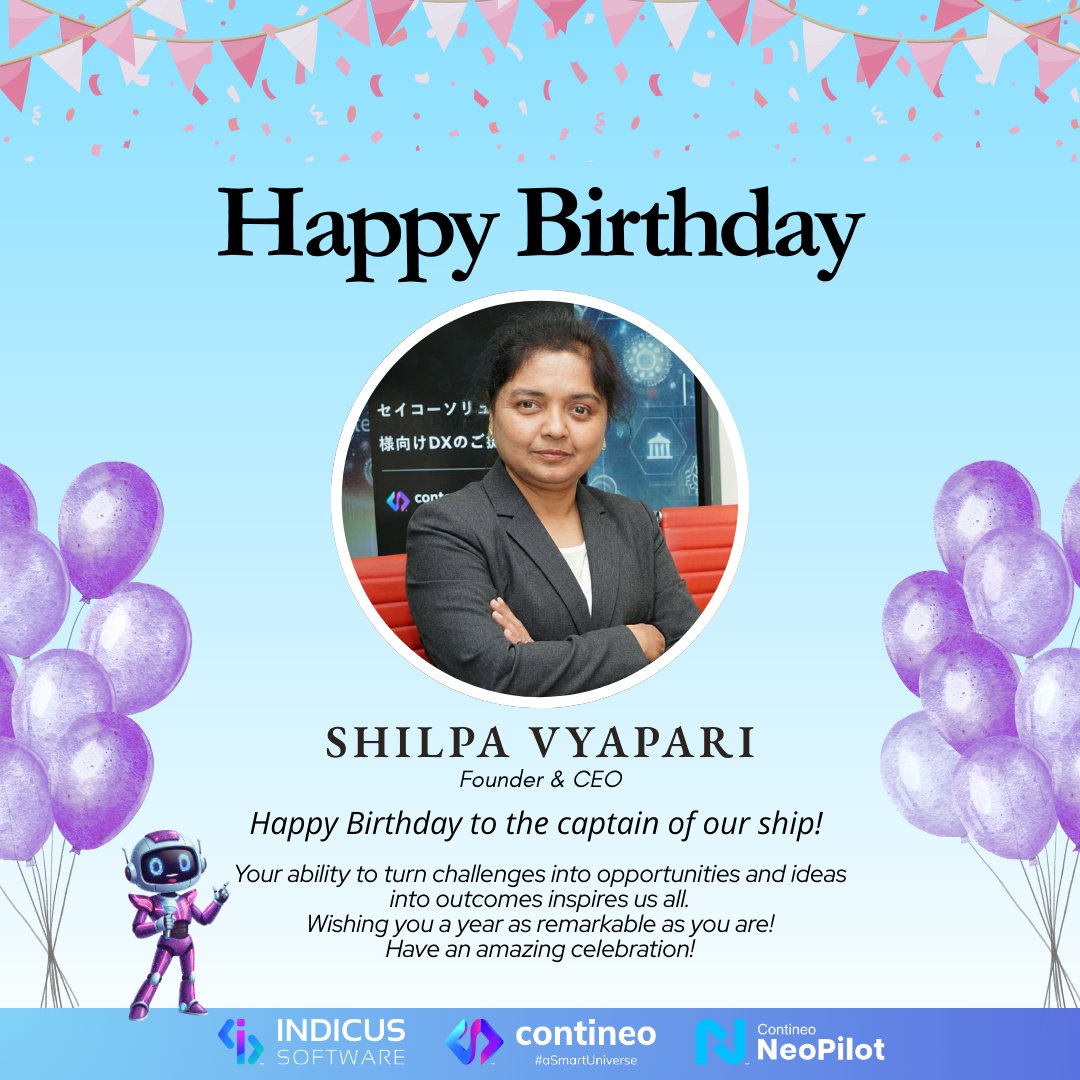 ContineoWorld's tweet photo. 🎉Happy Birthday, Shilpa Vyapari!🎉

Wishing a very happy birthday to our Founder &amp; CEO, the driving force behind Indicus Software’s vision and growth.

#HappyBirthday #Leadership #FounderAndCEO
#WomenInLeadership #IndicusSoftware #Contineo
#NeoPilot #InspiringLeaders https://t.co/D3cTYpFVzT