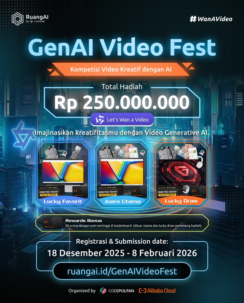 CodePolitan's tweet image. Kompetisi AI Terbesar RuangAI by CODEPOLITAN RESMI DIBUKA 🥳🥳⏰📢📢

Syaratnya gampang bangettt!! Cek postingan diatas 👆
Let's Wan a Video!
Registrasi:
18 Desember 2025 - 8 Februari 2026

ruangai.id/genai-video-fe…

Follow: @codepolitan dan @alibaba_cloud

#GenAIVideoFest #RuangAI