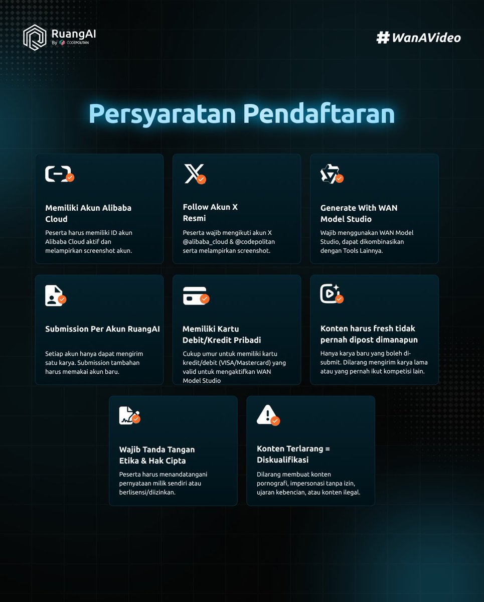 CodePolitan's tweet image. Kompetisi AI Terbesar RuangAI by CODEPOLITAN RESMI DIBUKA 🥳🥳⏰📢📢

Syaratnya gampang bangettt!! Cek postingan diatas 👆
Let's Wan a Video!
Registrasi:
18 Desember 2025 - 8 Februari 2026

ruangai.id/genai-video-fe…

Follow: @codepolitan dan @alibaba_cloud

#GenAIVideoFest #RuangAI