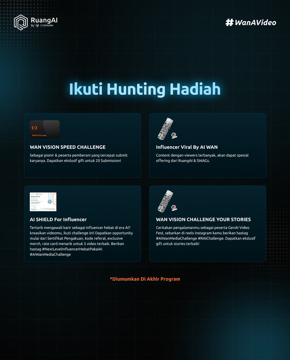 CodePolitan's tweet image. Kompetisi AI Terbesar RuangAI by CODEPOLITAN RESMI DIBUKA 🥳🥳⏰📢📢

Syaratnya gampang bangettt!! Cek postingan diatas 👆
Let's Wan a Video!
Registrasi:
18 Desember 2025 - 8 Februari 2026

ruangai.id/genai-video-fe…

Follow: @codepolitan dan @alibaba_cloud

#GenAIVideoFest #RuangAI
