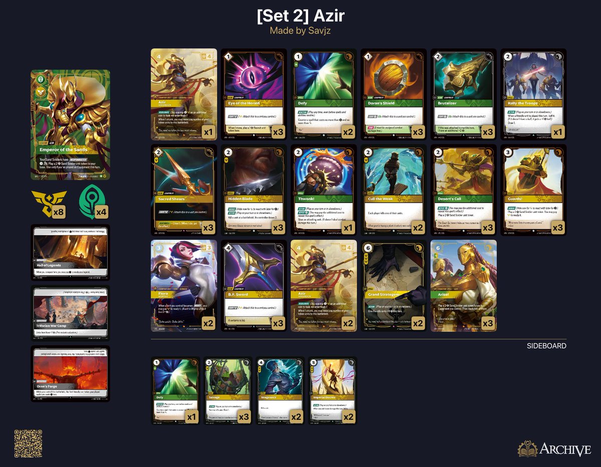 Savjz's tweet image. I’m feeling pretty good about this Azir list. 

The Legend power and the signature spell are quite unique, and very fun. 

#Riftbound #rbspiritforged