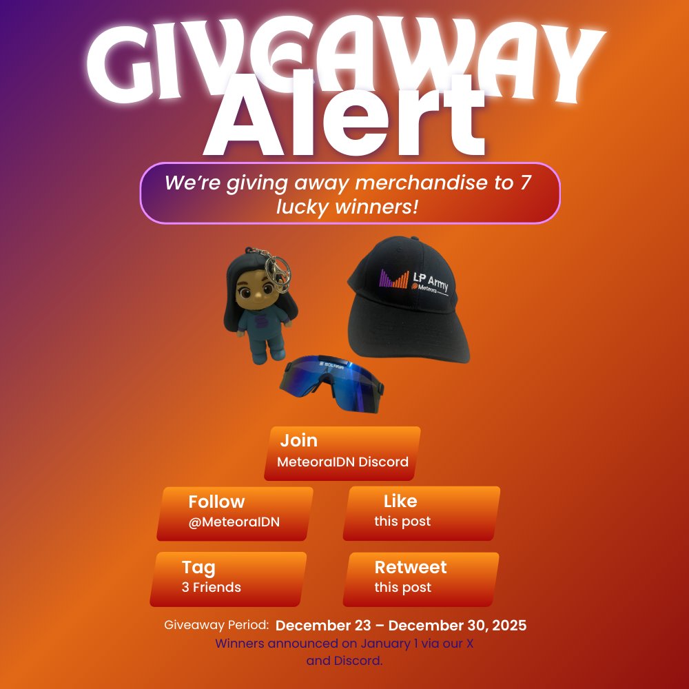 MeteoraIDN's tweet image. GIVEAWAY ALERT!☄️

Hola Garuda Army! kita bakalan bagi bagi Merch nih buat kalian yang pengen Merch dari Met Dhabi &amp;amp; Solana Breakpoint!
Sponsored by: @bengsharksol 

Daftar hadiah yang mau dibagiin!
- Keychain
- USB + Bag Chain Solana
- Meteora Army Clicker
- Solana Glasses
- 2…