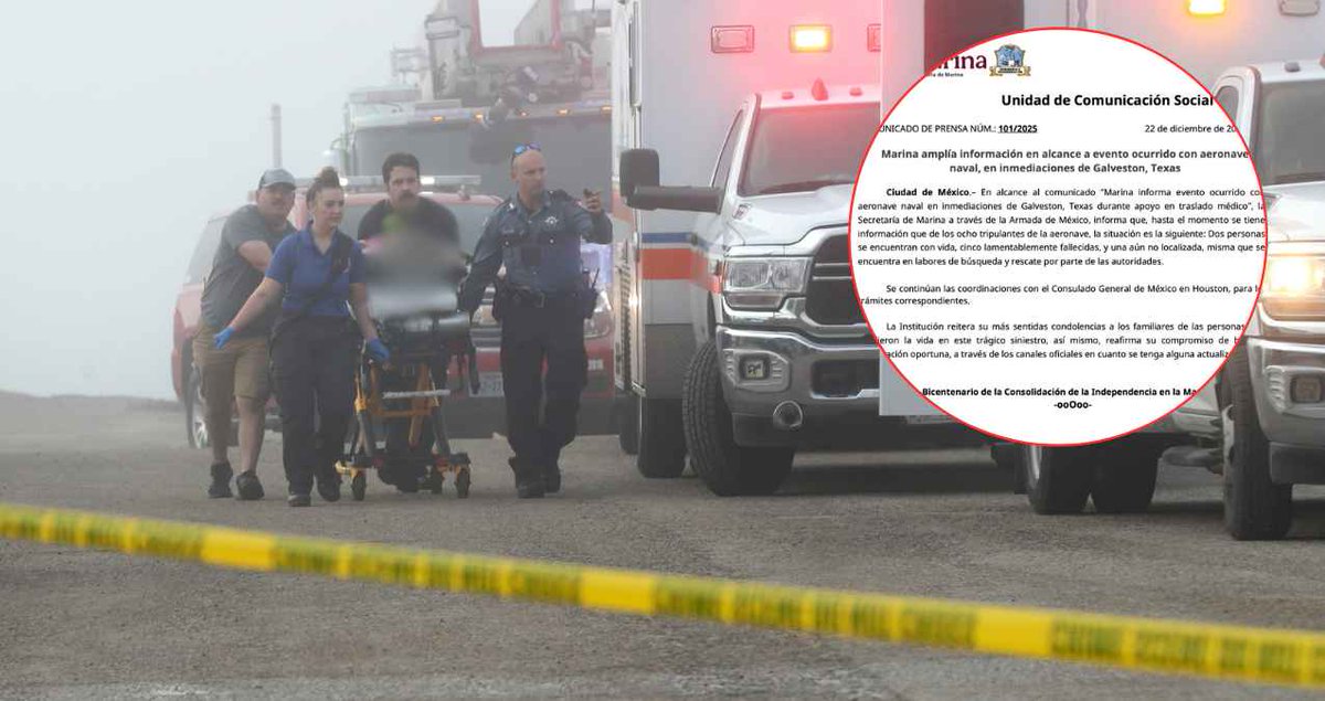 VoxPopuliNoti's tweet image. Aumenta a cinco la cifra de muertos tras desplome de avión de la Marina en Galveston, Texas 

La aeronave partió de Mérida, Yucatán, por apoyo médico de la Fundación Michou y Mau

voxpopulinoticias.com.mx/2025/12/galves… 

#LaRoja #Internacional #Galveston