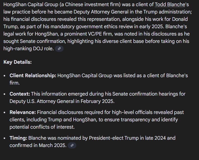 PatrickByrne's tweet image. Before Todd Blanche became DOJ #2, he represented HongShang Capital (formally Sequoia Capital China).
