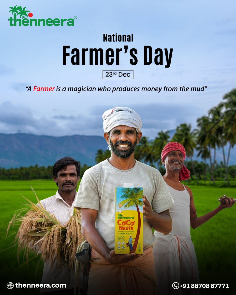 thenneera's tweet photo. A farmer doesn’t just grow crops — he grows hope.
On this National Farmer’s Day, Thenneera honours every hardworking hand behind nature’s purest gifts.
Thank you for feeding the nation.

Happy National Farmer’s Day!

#NationalFarmersDay #PrideOfIndia #FarmersFirst #Thenneera https://t.co/xSZkfizxWl