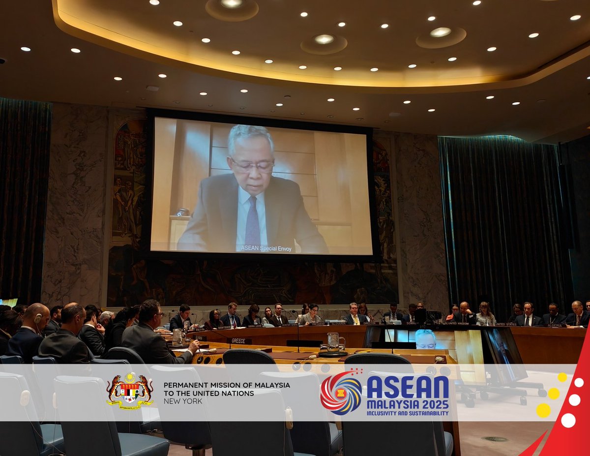 MYNewYorkUN1's tweet photo. Tan Sri Othman Hashim, Special Envoy of the #ASEAN Chair on #Myanmar, briefed the #UN Security Council (#UNSC) on his work as mandated by the #5PC. He advocated for a stronger UN-ASEAN collaboration to address the situation in Myanmar. https://t.co/1TpudBre7o