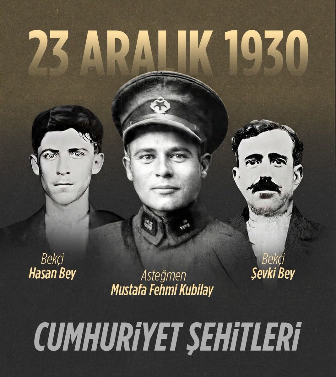 23 Aralık 1930’da Cumhuriyet karşıtı gerici bir grup tarafından canice şehit edilen öğretmen ve Asteğmen Mustafa Fehmi Kubilay’ı, Bekçi Hasan ve Bekçi Şevki Beyi ölüm yıl dönümlerinde saygıyla ve minnetle anıyoruz. Ruhları şad olsun.