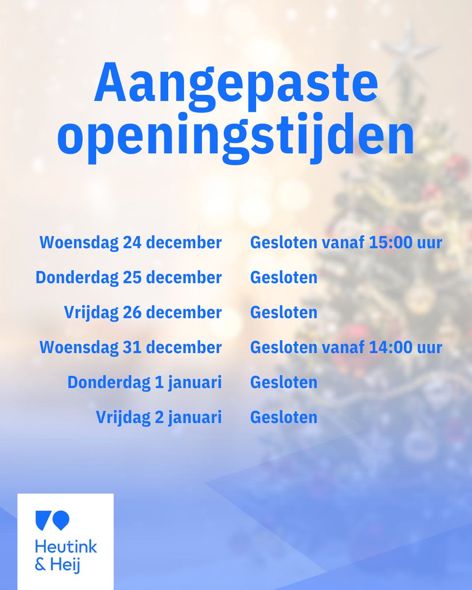 Fijne feestdagen! 🎄✨

Wij wensen iedereen fijne feestdagen en een mooie afsluiting van het jaar. Dank voor het vertrouwen en de fijne samenwerkingen het afgelopen jaar.

👉 Swipe voor onze aangepaste openingstijden tijdens de kerstvakantie.
