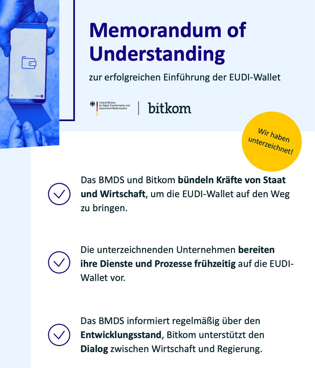 We’ve signed an MoU on #EUDIWallet with BMDS &amp; @bitkom. Our mission: wallet-ready services, optimized processes, and transparent communication. EUDI wallets empower EU/EEA citizens with digital sovereignty—and we’re proud to contribute.