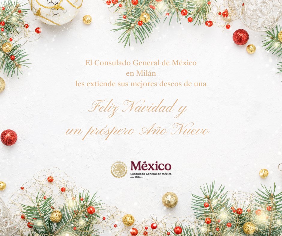 ConsulMexMIL's tweet image. El @ConsulMexMIL desea a la comunidad mexicana en el norte de Italia y Cerdeña, ¡Feliz Navidad y un próspero año! 🎁🎄