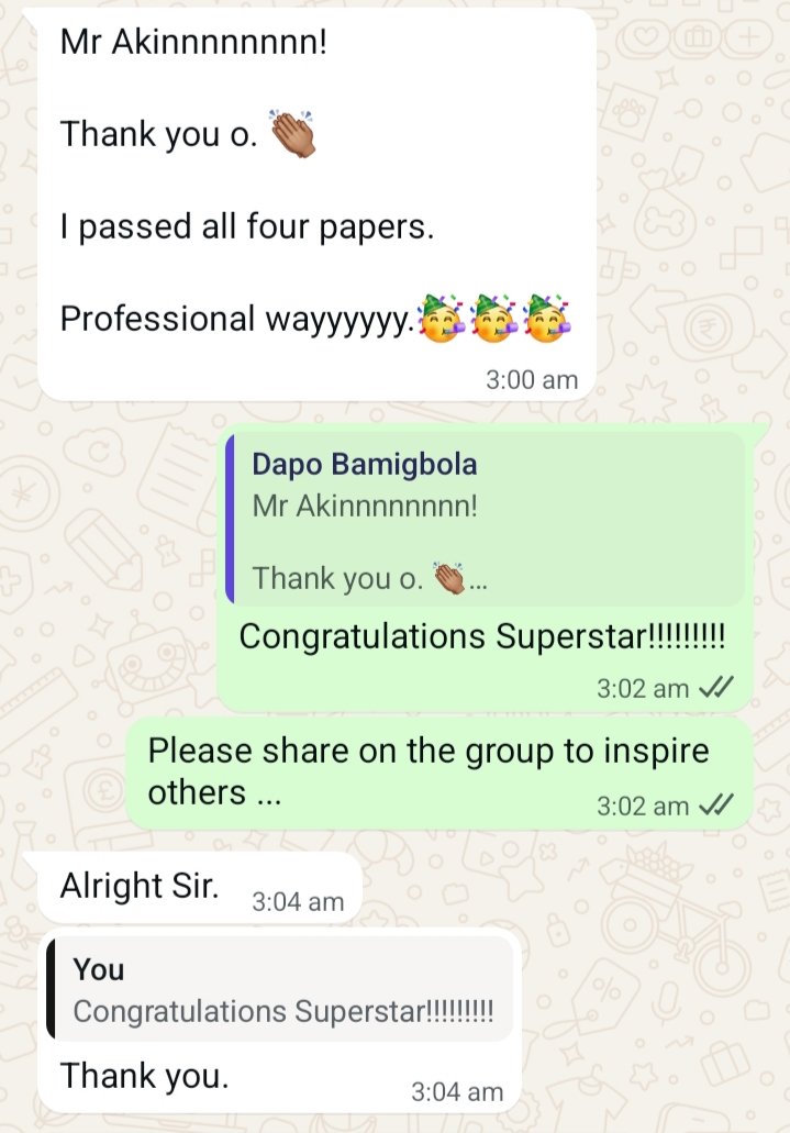AObilana's tweet image. 4/4 at the Skills level and now heading to the Professional level. 

Congratulations D, I am proud of you and the hard work you have put into achieving this great result in the ICAN Nov 2025 diet exams.