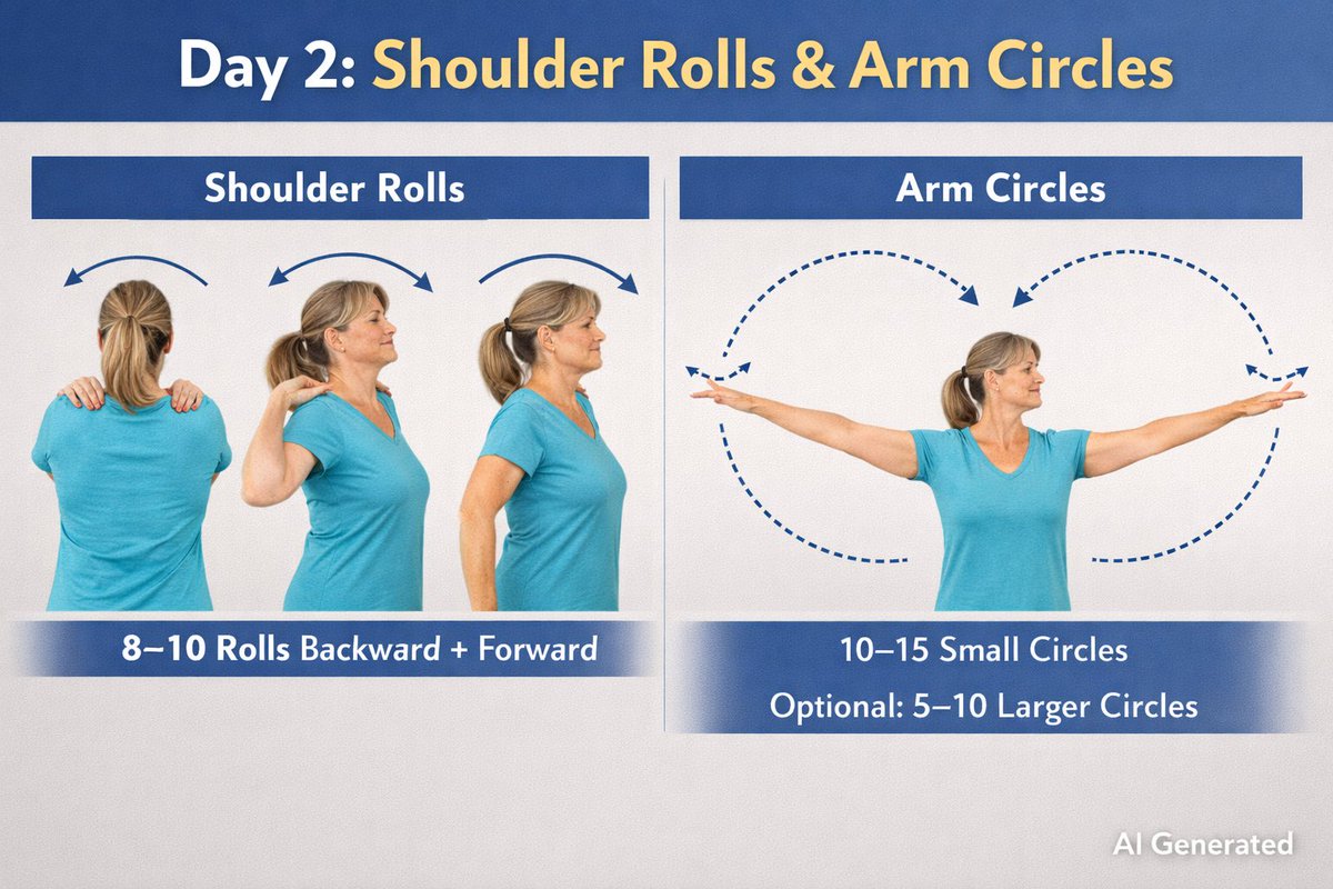 GothandanR's tweet image. Day 2: Shoulder Rolls &amp;amp; Arm Circles (AI Supported)

Most shoulder stiffness isn’t injury—it’s inactivity.

Daily, controlled movement supports joint health, posture, and long-term mobility, especially after 40 and 50.

A few minutes today compounds quickly.

#shouldermobility